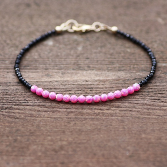 Handmade Natural Black Spinel and Pink Opal Bracelet 14k Gold Filled 7" - Picture 4 of 9